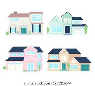 House collection. Modern suburban cottage. Townhouse building apartment. logo icon set. Townhouse neighborhood. Real estate. Home facade. Home residential houses. Vector illustration.