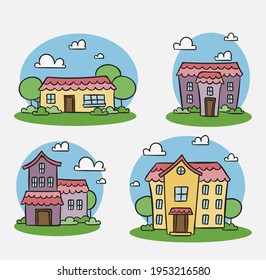 House collection. Modern suburban cottage. Townhouse building apartment. logo icon set. Townhouse neighborhood. Real estate. Home facade. Home residential houses. Vector illustration.