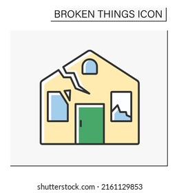 House color icon. Smashed house. Destroyed roof and windows. Need repair. Vandalism. Broken things concept. Isolated vector illustration