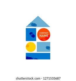 House with colorful geometric elements. Building kid in flat style with template text company name. Logo design concept. Vector illustration