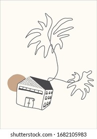 Casa con colorido sol y plantas. Utilizando para imprimir en la pared, almohadas, decoración interior para niños, ropa y pantalones para bebés, tarjeta de felicitación, vector y otros.