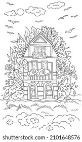 House coloring children's sketch doodle vector illustration hand drawn. forest flower meadow leaves clouds and birds in the sky cute cartoon