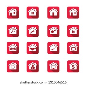 house with common symbol icon inside square shape button set vector design template