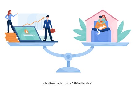 The house and company on the scales. Work, career and personal, family life balance abstract concept. Flat cartoon vector illustration with fictional characters