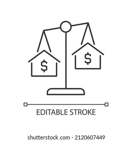 House comparables linear icon. Similar condition homes comparison. Real estate evaluation. Thin line illustration. Contour symbol. Vector outline drawing. Editable stroke. Arial font used