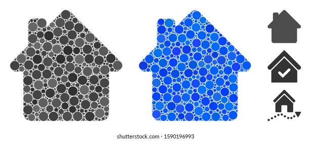 House composition of circle elements in various sizes and shades, based on house icon. Vector circle elements are grouped into blue collage. Dotted house icon in usual and blue versions.