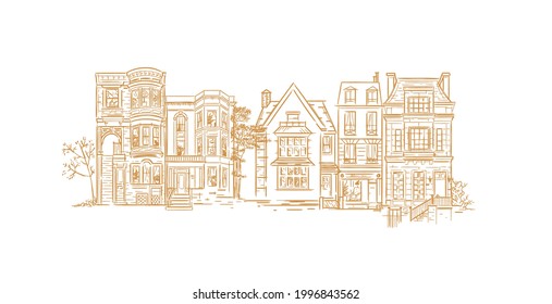 House composition drawing in old fashioned vintage style