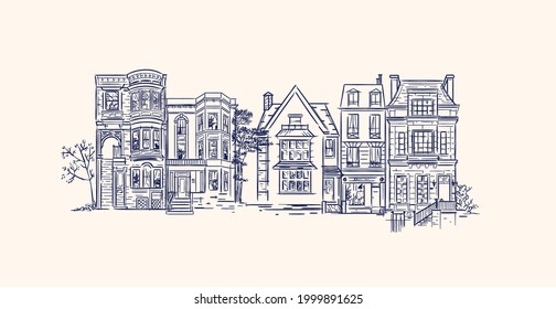 House composition drawing in old fashioned vintage style with dark blue lines