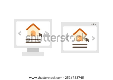 House computer online search icon. Real estate, property, construction, residential technology, review concepts. Flat vector design isolated illustration.