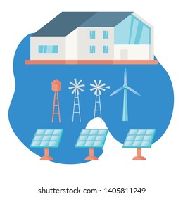 House connected to alternative energy source vector illustration. Renewable energy and ecology related illustration in flat style.