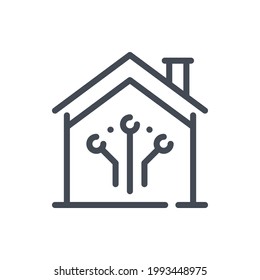 House with connection to system line icon. Remote control connection to smart home vector outline sign.