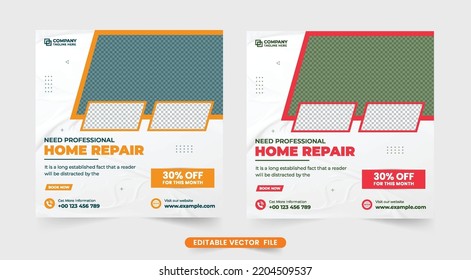 Hausbau-Werbevorlage mit Rot- und Orangenfarben. Startseite Renovierung Social Media Post Vektor für Online-Marketing. Webbanner-Design für die Reparatur von Immobilien.