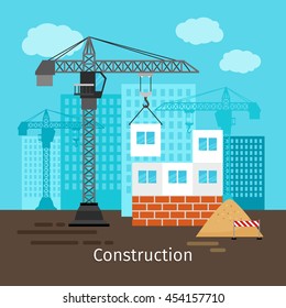 House construction with building crane for site construction vector illustration