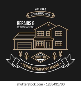 House construction company identity with suburban american house. Vector illustration. Thin line icon, badge, sign for real estate, building and construction company related business.