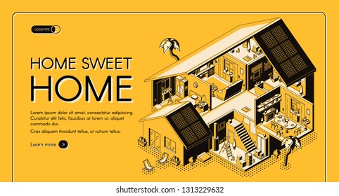 House construction company isometric vector web banner. Modern cottage storey plan, villa rooms cross section interiors line art illustration. Architecture contracting service landing page template