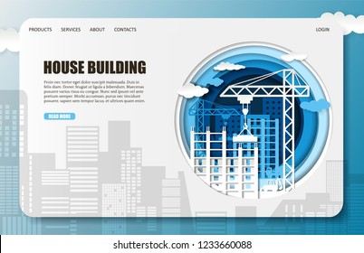 House construction company landing page website template. Vector paper cut illustration. Construction site. Home building industry concept.