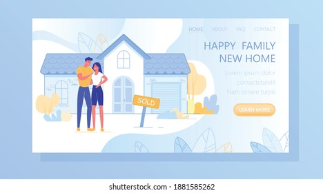 House Construction Company, Real Estate Service or Agency, Bank Home Loan Offer Flat Vector Web Banner, Landing Page Template. Happy Couple Standing near Family New, Comfortable House Illustration