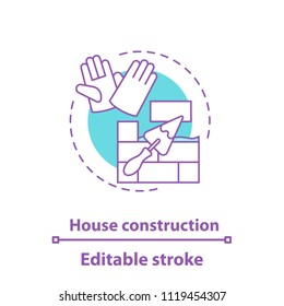 House construction concept icon. Building process idea thin line illustration. Brick wall with triangular shovel and gloves. Vector isolated outline drawing. Editable stroke