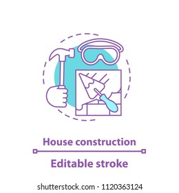 House construction concept icon. Building process idea thin line illustration. Brick wall with triangular shovel and safety glasses, hammer in hand. Vector isolated outline drawing. Editable stroke