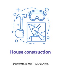 House construction concept icon. Building process idea thin line illustration. Brick wall with triangular shovel and gloves. Vector isolated outline drawing