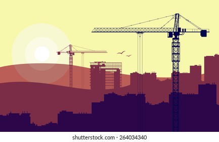 House and construction cranes. Vector illustration