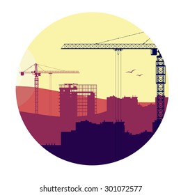 House and construction cranes. Vector illustration