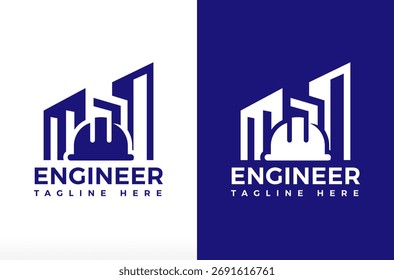 House Construction Engineering Logo, Bauingenieur Hut mit Wolkenkratzer Gebäude Logo, Immobilien-Logo, Bau-Logo, Elektroingenieur, Maschinenbauingenieur Vektor Symbol Silhouette