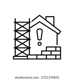 Casa com construção e ponto de exclamação ícone linha estilo fundo branco isolado