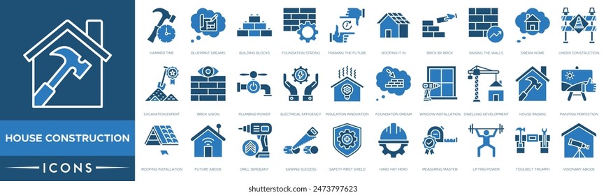 House Construction icon. Hammer Time, Blueprint Dreams, Building Blocks, Foundation Strong, Framing the Future, Roofing It In, Brick by Brick, Raising the Walls and Dream Home