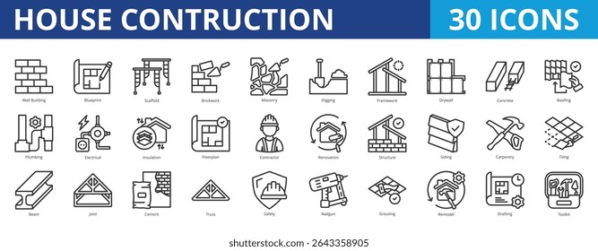 Conjunto de coleção de pacotes de ícone de construção de casa para reparo e renovação. Com edifício de parede, planta, andaime, alvenaria, escavação, estrutura, drywall, concreto, estrutura, planta, segurança