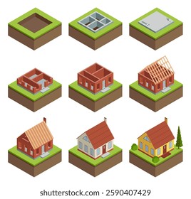 House construction Isometric set stage-by-stage. Visualization of modern building on different building process. Collection of phases from plan to finished building