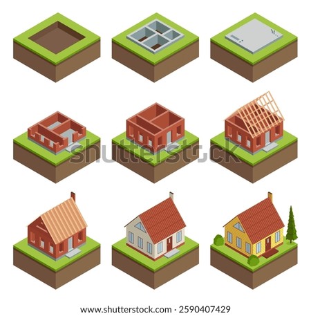 House construction Isometric set stage-by-stage. Visualization of modern building on different building process. Collection of phases from plan to finished building
