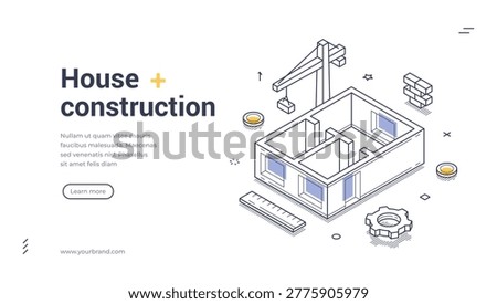 House construction isometric web banner. Building process and architecture concept. Modern landing page template vector illustration for real estate development and engineering industry