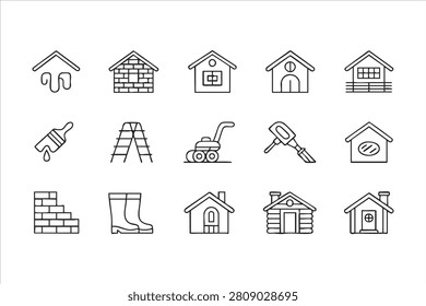House Construction Line Icon Set with Home Repair and Building Symbols