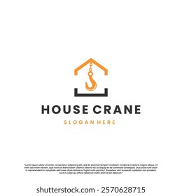 House Construction Logo Design. House Roof and Crane Home Construction Vector On Isolated Background.