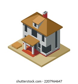 House construction phase with unfinished buidling 3d isometric vector illustration