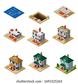 House Construction Phases Building Isometric Icons Set