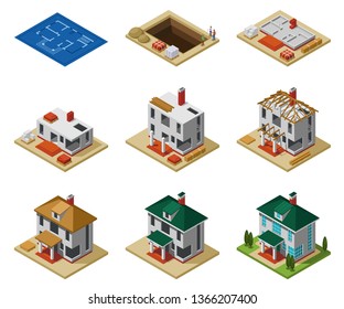 House construction phases from drawing to finished building isometric icons set isolated vector illustration