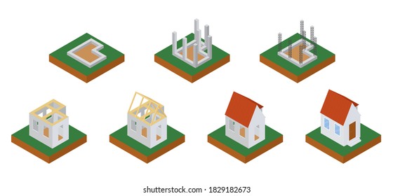 House construction phases isometric icons set vector illustration. Building stages isolated on white