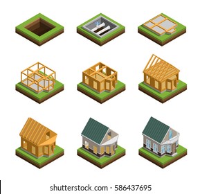 House construction phases isometric icons set isolated vector illustration