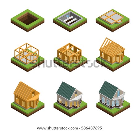House construction phases isometric icons set isolated vector illustration
