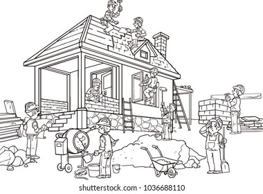 House Construction Scene Workers Professional Tools Stock Vector ...