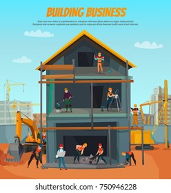 House Construction, Scene With Workers, Professional Tools, Building Equipment On Blue Sky Background Vector Illustration