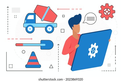 House construction service, man customer character with tablet isolated on white background.