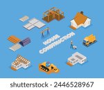 House construction set isometric 3d vector illustration