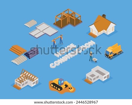 House construction set isometric 3d vector illustration