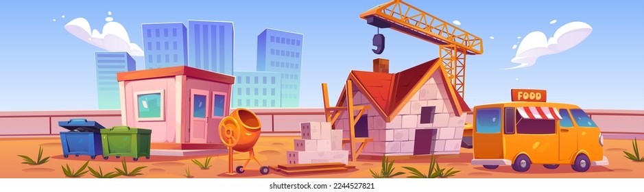 House construction site against cityscape background. Suburb development. Cartoon vector illustration of brick building with roof, pile of bricks, workers cottage, concrete mixer, crane and food van