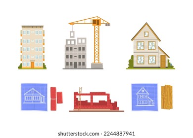 House Construction Site with Building Architecture Stage Vector Set