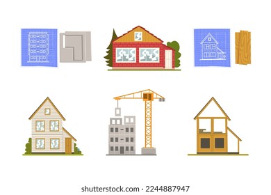 House Construction Site with Building Architecture Stage Vector Set