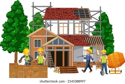 Lugar de construcción de casas con ilustración de trabajadores de caricaturas
